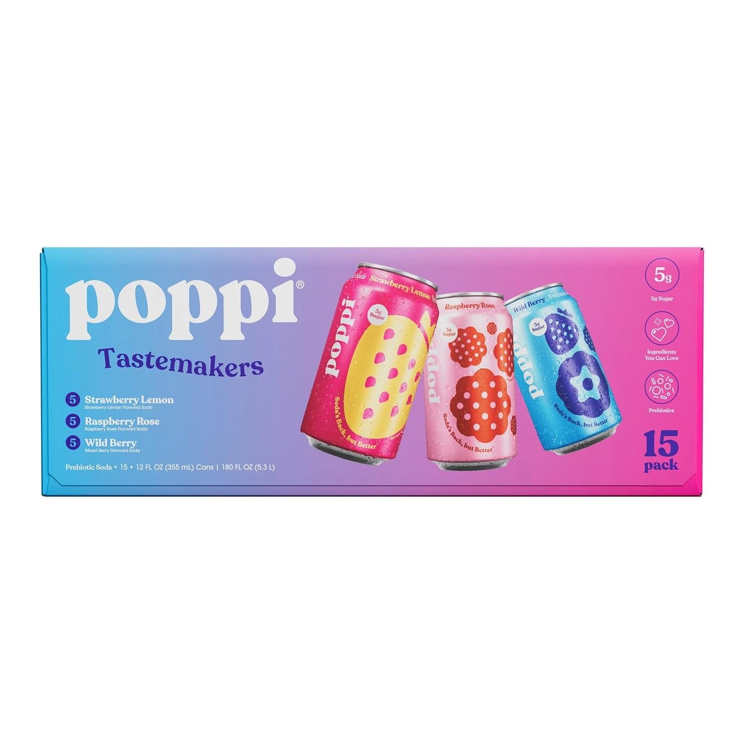 Poppis Prebiotic Soda, Variety Pack, 12 fl. oz., 15 Count