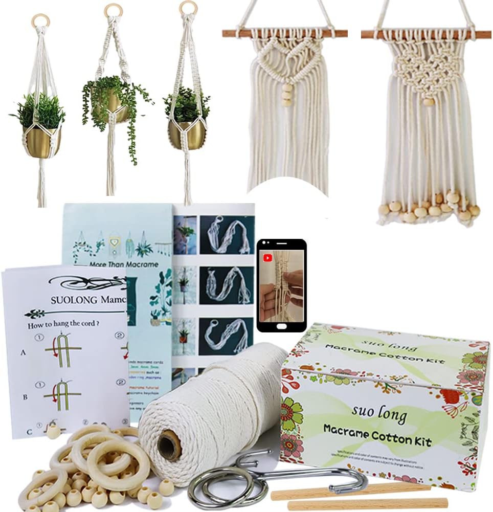 Beginners Macrame Kit for Adults,Featuring 3mm Macrame Cord,Wooden Beads,Rings,Instruction Book.All Accessories You Need to Make Macrame Plant Hanger,Macrame Wall Hanging Adults Craft Kit