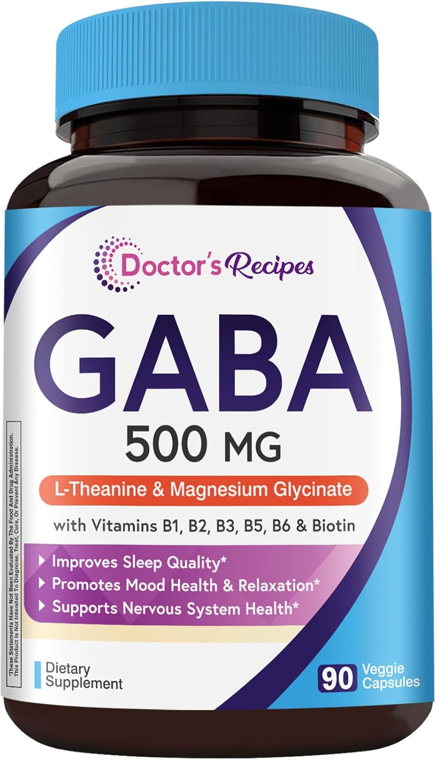 Doctor's Recipes GABA Magnesium Glycinate L-Theanine Supplement, GABA (Gamma-Aminobutyric Acid) 500mg, Vitamin B6, B1, B2, B3, B5, Biotin, Calm, Sleep, Relaxation, Mood Support, 90 Veggie Capsules