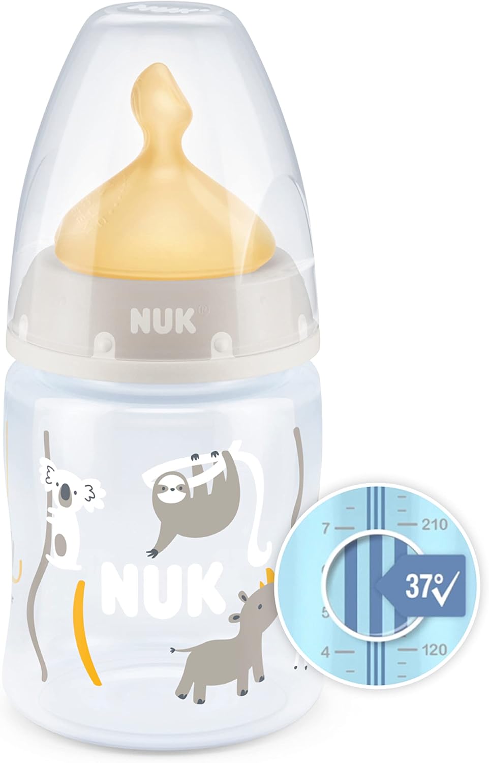 NUK First Choice+ Baby Bottle | 0-6 Months | Temperature Control | Anti Colic Vent | 150 ml | BPA-Free | Latex Teat | Safari (Beige)