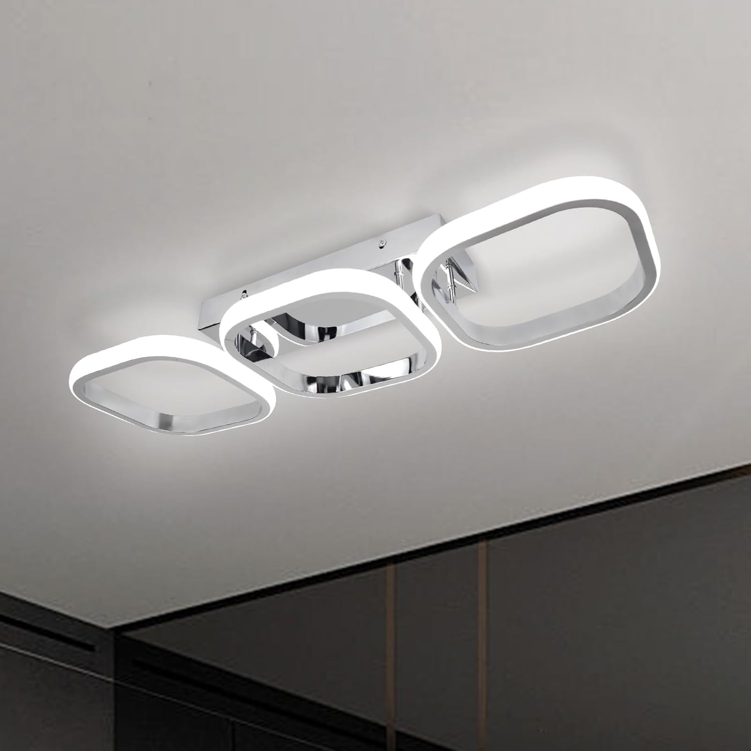 EIDISUNY Modern Led Ceiling Light, Flush Mount Ceiling Lamp 3 Squares LED, Close to Ceiling Lighting Fixtures for Hallway Bedroom Living Room Kitchen Office Entrance - 33W Cool White Light (Silver)