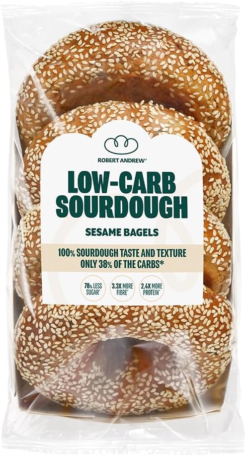 Robert Andrew Low Carb Sourdough Sesame Bagels – 14g Carbs, 19.6g Protein, High Fibre, Keto and Diaberic Friendly, Low Sugar & High Protein, 235 Calories | 4x75g