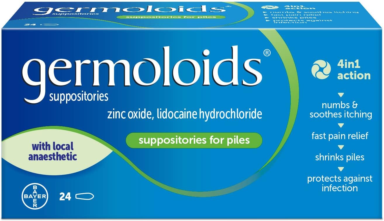 Germoloids Haemorrhoid Treatment & Piles Treatment Suppositories, Triple Action with Anaesthetic to Numb the Pain & Itch, 55 g, 24 Count (Pack of 1)