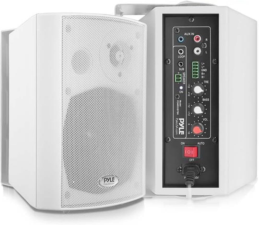 Pyle Wall Mount Home Speaker System - Active Passive Mountable Bookshelf Indoor Studio Garage Patio Stereo Sound Home Theater, Wireless Bluetooth Speaker Set W/Aux & RCA, White