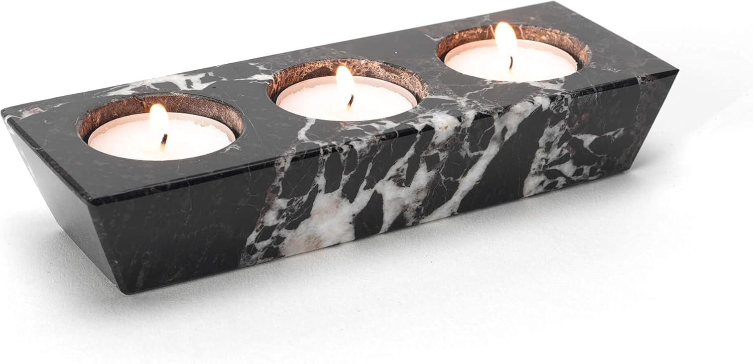 Himalayan Black Marble 3 Hole Tea Light Candle Holder - Tea Lights Included!