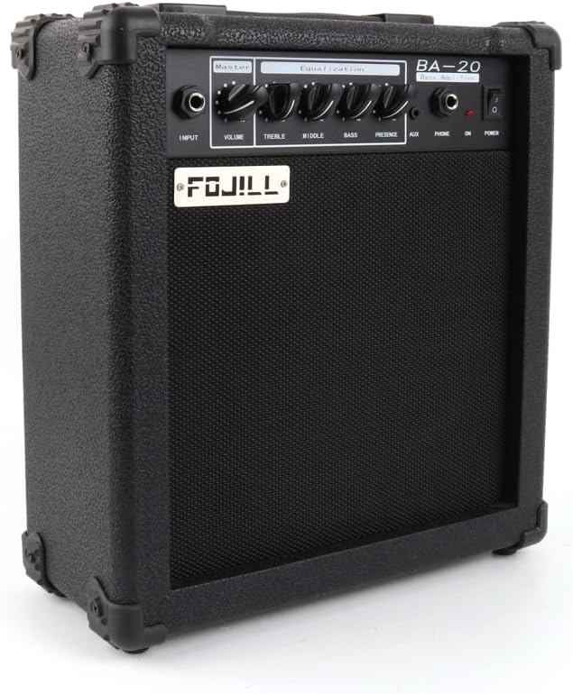 20W Watt Electric Bass Guitar Amplifier Amp Practice Small Portable Travel with Headphone Jack Aux Distortion Gain Treble Bass Presence Volume Jack