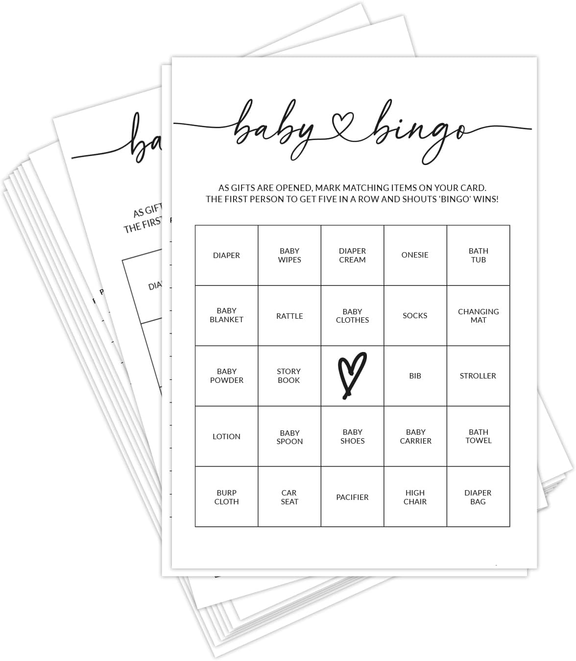 HerZii Prints Baby Shower Bingo Game – 50 Unique Pre-Filled Cards, Preforated Calling Cards, Fun Party Activity for Boy or Girl – Baby Shower Games for Guests - 5x7 Minimalist Design