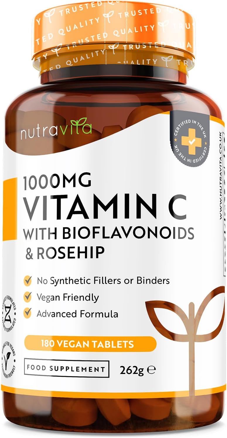 Vitamin C 1000mg – 180 Premium Vegan & Vegetarian Tablets – 6 Month Supply – High Strength Ascorbic Acid – with Added Bioflavonoids & Rosehip – Normal Immune System – Made in The UK by Nutravita