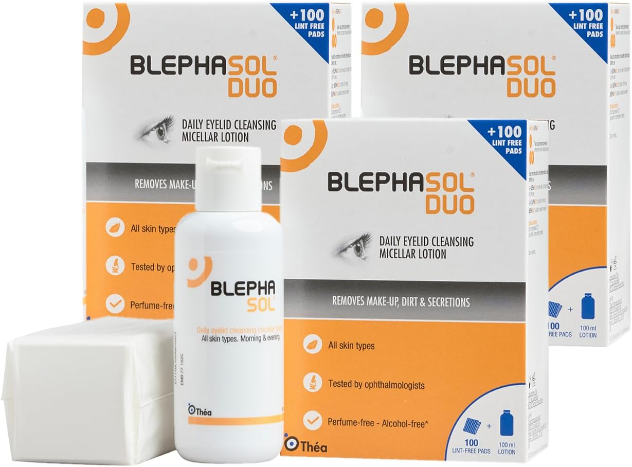 3 x Blephasol Duo 100 ml Micellar Eyelid Cleansing Lotion with 100 Lint-Free Pads | Effective and Gentle Cleansing for Make-Up Removal, Inflamed and Sensitive Eyelids | Soap & Alcohol-Free