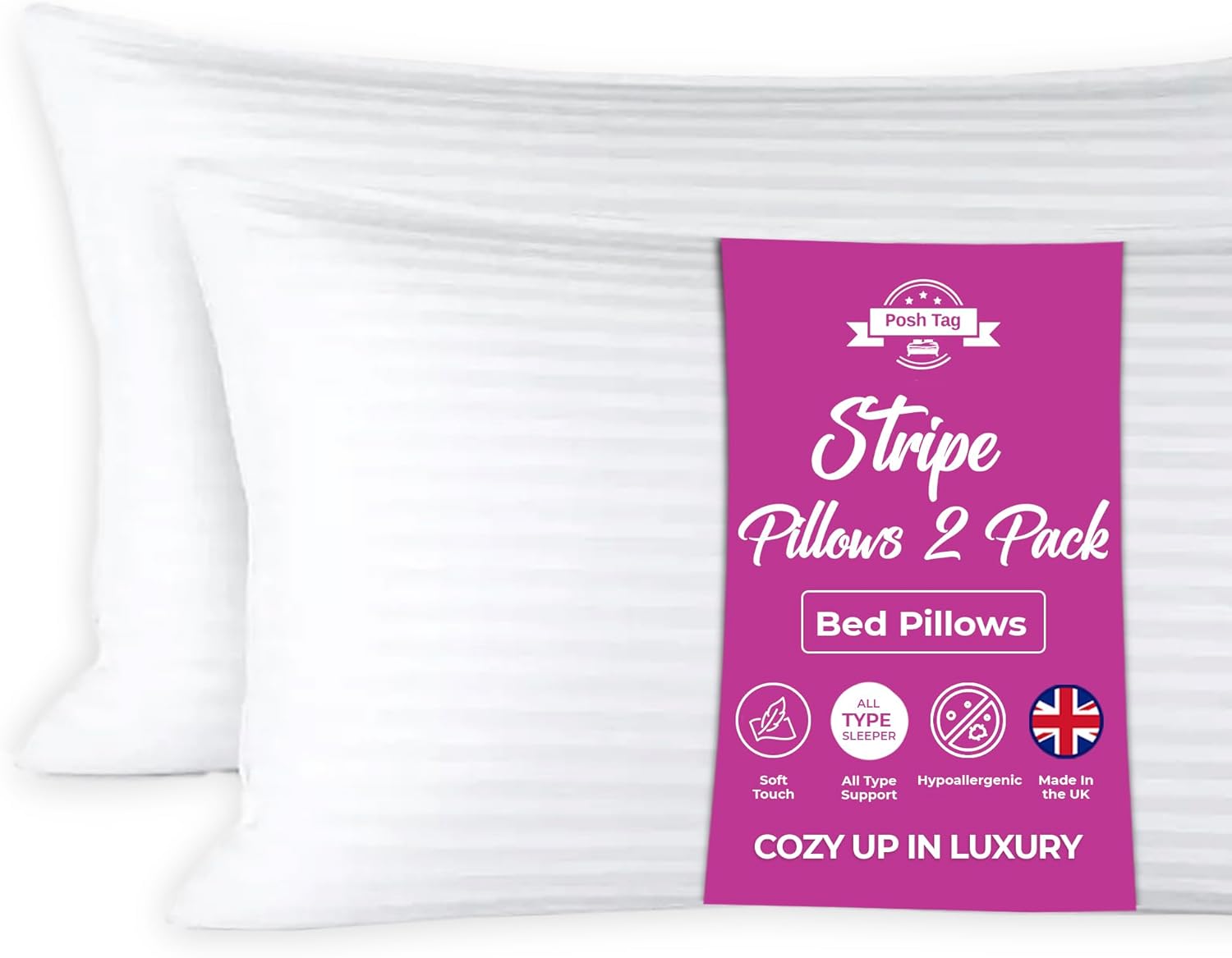 Posh Tag Stripe Pillows 2 Pack 74 x 48 cm Hotel Quality, Comfortable & Breathable Bed Pillows and Hollow Fiber Filled Anti-Allergic Back Support Hypoallergenic