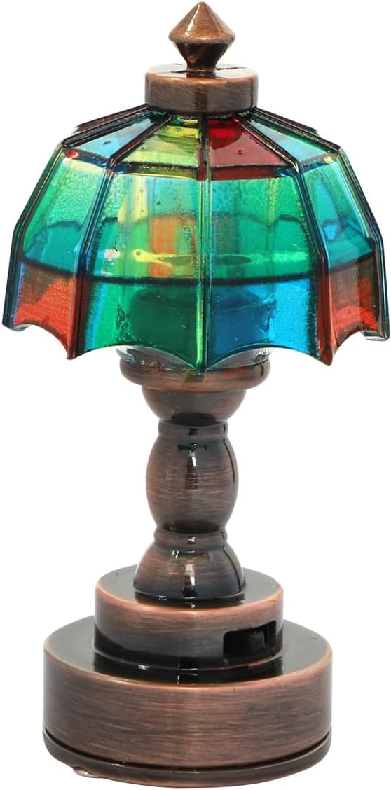 iLAND 1:12 Scale Accessories of Dollhouse Lights, Classic Miniature Lamp for Dollhouse Decoration, Beautiful Mosaic Lattice Table Lamp w/Battery