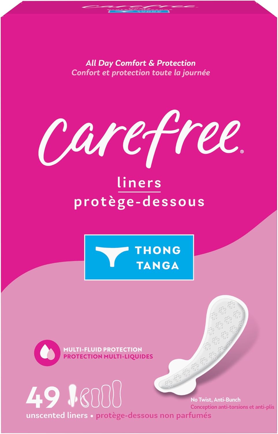 Carefree Panty Liners for Women, Thong Liners, Unwrapped, Unscented, 49ct