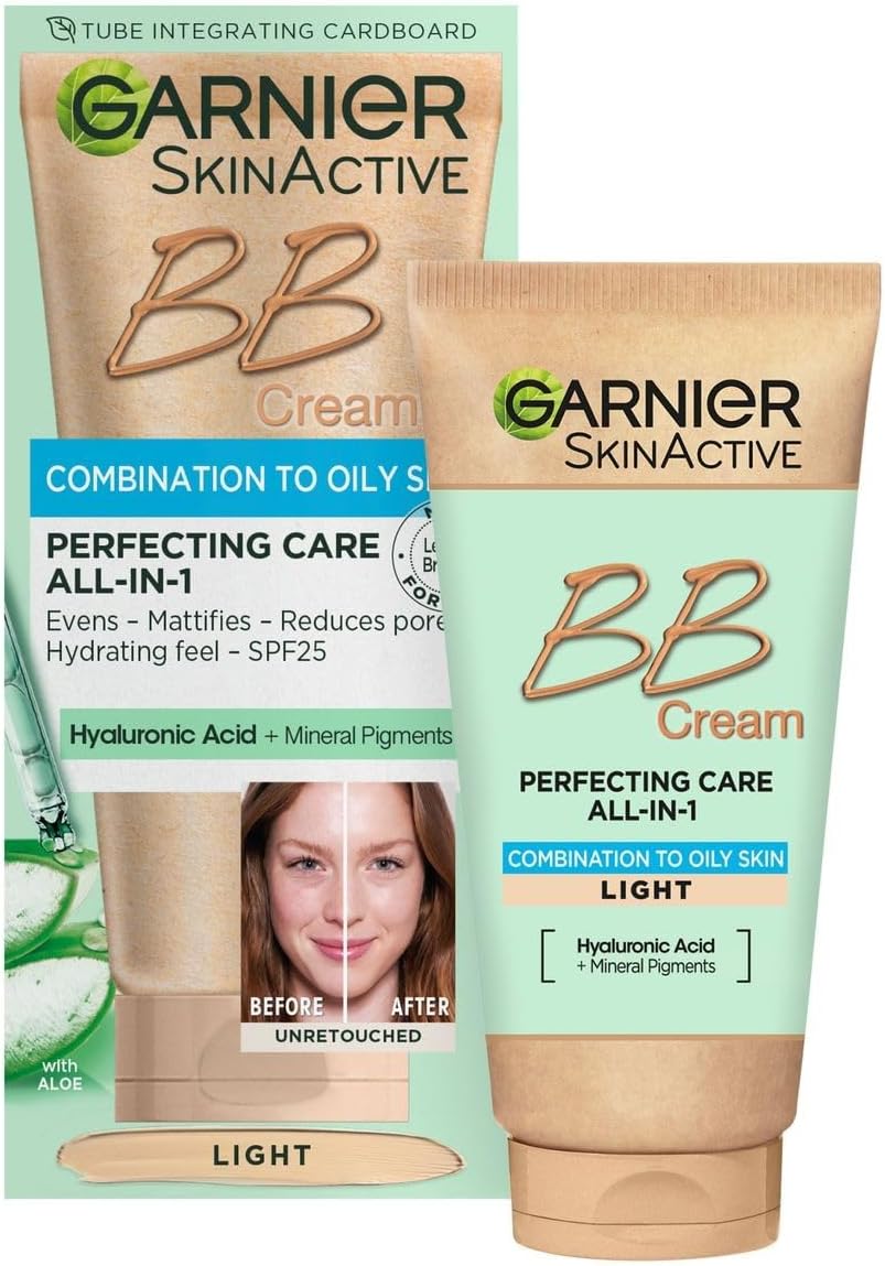 Garnier Oil-Free Perfecting All-in-1 BB Cream, Shade Light, Tinted Moisturiser SPF25, Mattifies Skin & Evens Complexion, With Hyaluronic Acid, Aloe & Mineral Pigments, 50ml