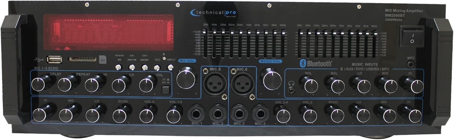 Technical Pro 2000 Watts Professional Mixer and Amplifier with Built-in Bluetooth and EQ, 6 Mic Inputs, USB & SD Card for Speaker, DJ Karaoke, Home Theater