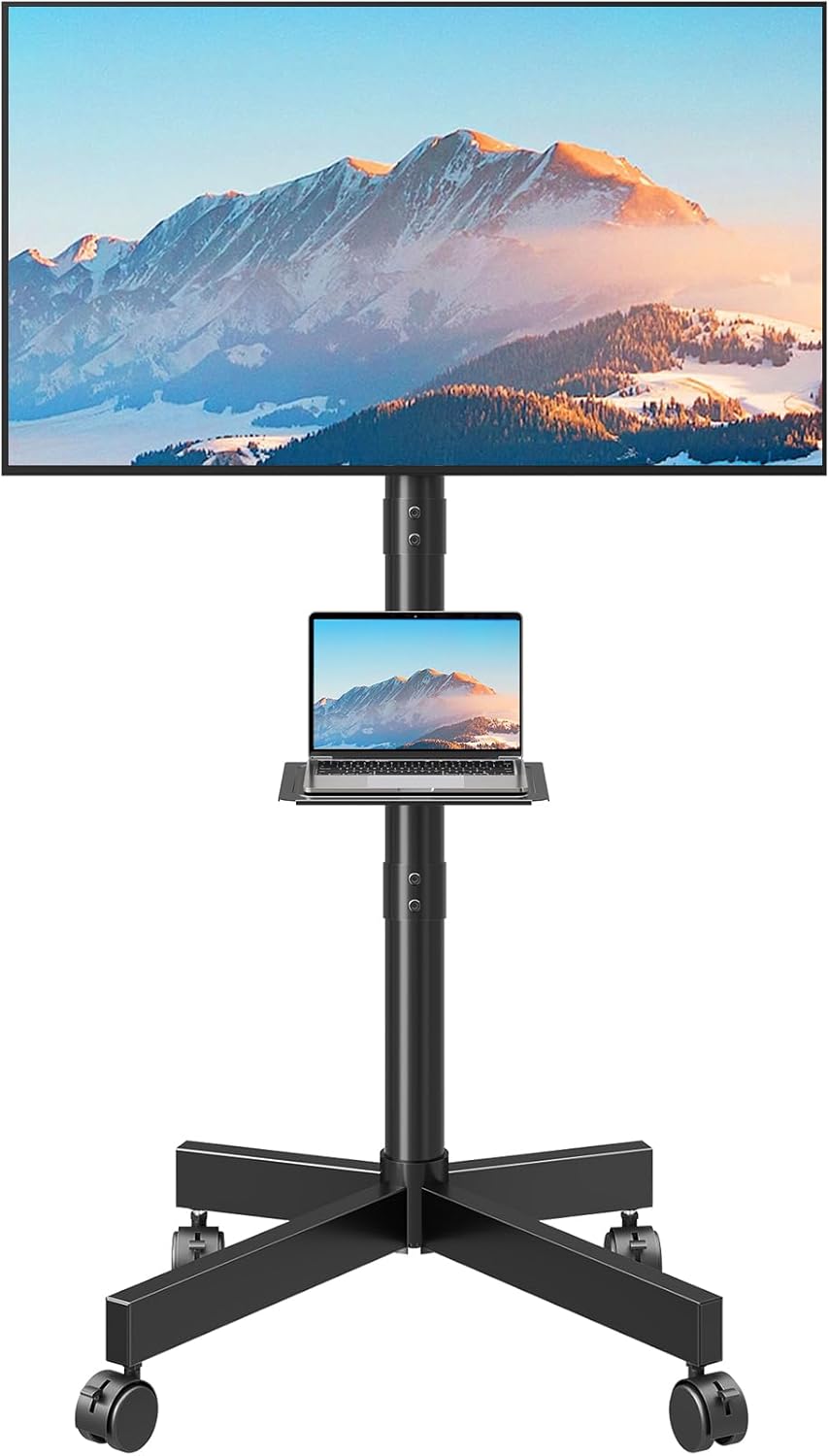 MOUNTUP Mobile TV Stand on Wheels, Rolling TV Cart for 23-65 inch TVs with Media Shelf, Height Adjustable TV Mount Stand with Tilt, Holds 35kg, Max VESA 400x400mm, EU1117B