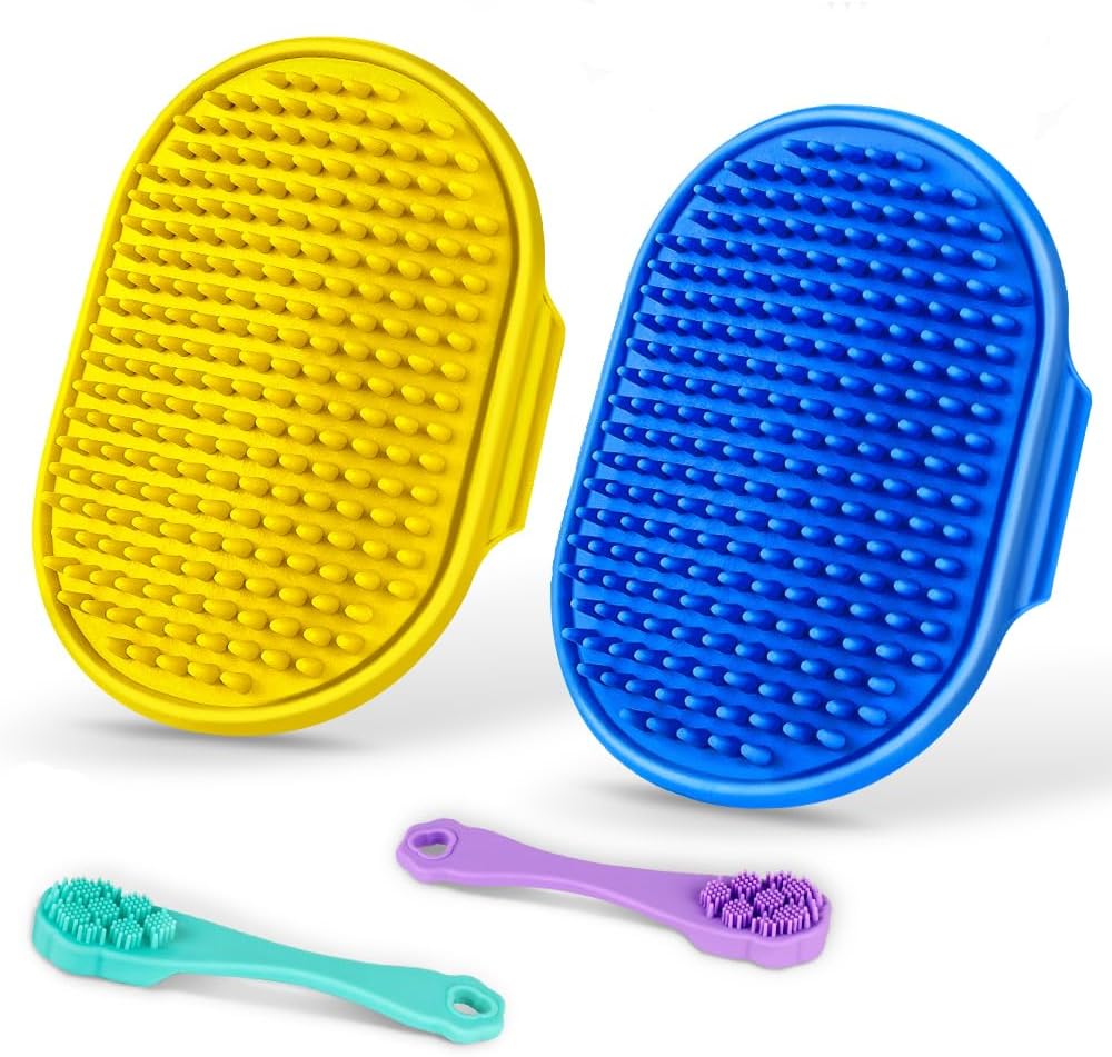 4PCS Dog Bath Kit | Dog Toothbrush | Dog Shampoo Brush | Dog Toothbrush Finger | Deshedding Dog Brush | Dog Washing Brush |Dog Shower Brush | Dog Scrubber for Bath(Blue,Yellow)