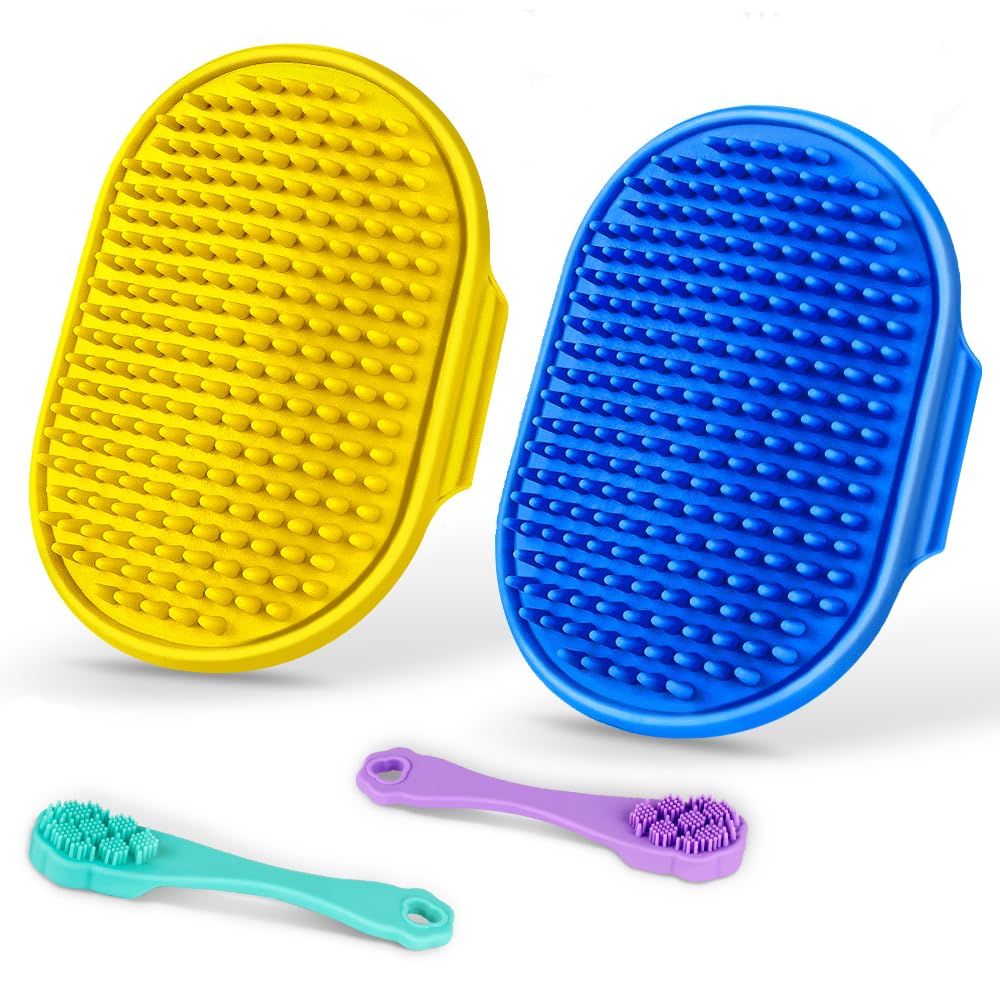 4PCS Dog Bath Brush | Scrubber for Bath | Shampoo Brush | Toothbrush | Finger Toothbrush | Dog Shower/Washing Brush with Adjustable Ring Handle - Pet Bath Supplies (Blue Yellow)