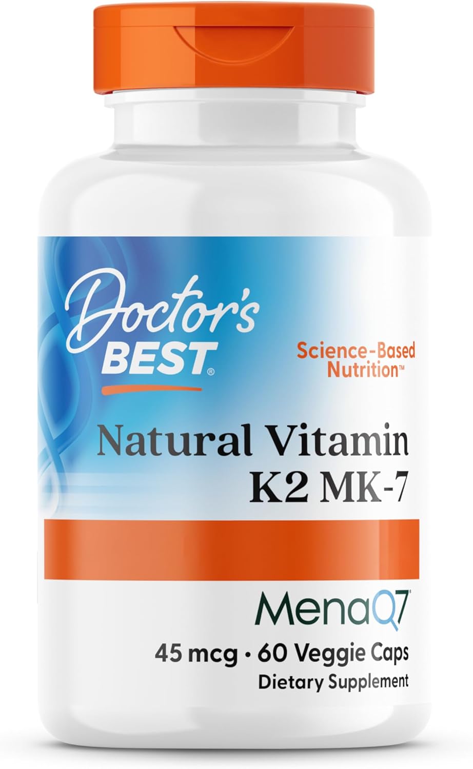 Doctor's Best, Natural Vitamin K2, MK-7 with MenaQ-7, 45 mcg, 60 Vegan Capsules, Laboratory Tested, Gluten Free, Soy Free, Vegetarian