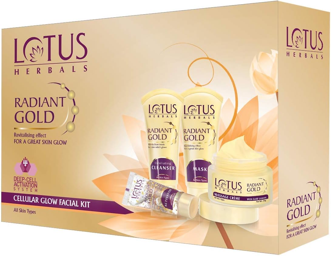 Lotus Herbals Radiant Gold Facial Kit for instant glow with 24K Pure Gold & Papaya 170g (Multi Use)