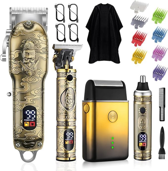 Hair Clipper for Men Set Cordless Electric Shaver Beard Trimmer Nose Hair Trimmer Hair Cutting Shaving Hair Removal Hairdressing Tool Set (Gold)
