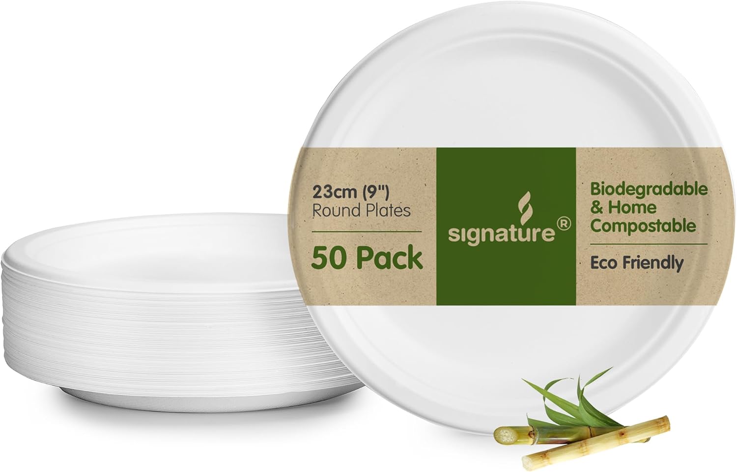 Signature Packaging - Paper Plates 50 Pack - Party Plates - Biodegradable Disposable - Sturdy & Round 24cm
