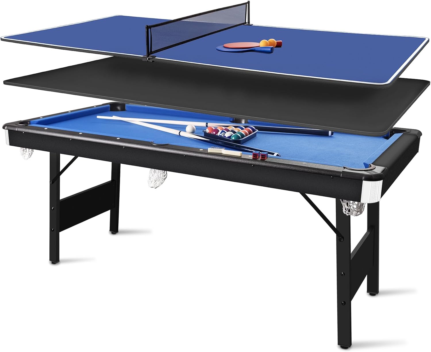 6FT Foldable 3-in-1 Multi-Functional Game Table - Pool Table/Ping Pong Table/Dining Table Combo with Full Billiard Accessories for Adults & Kids