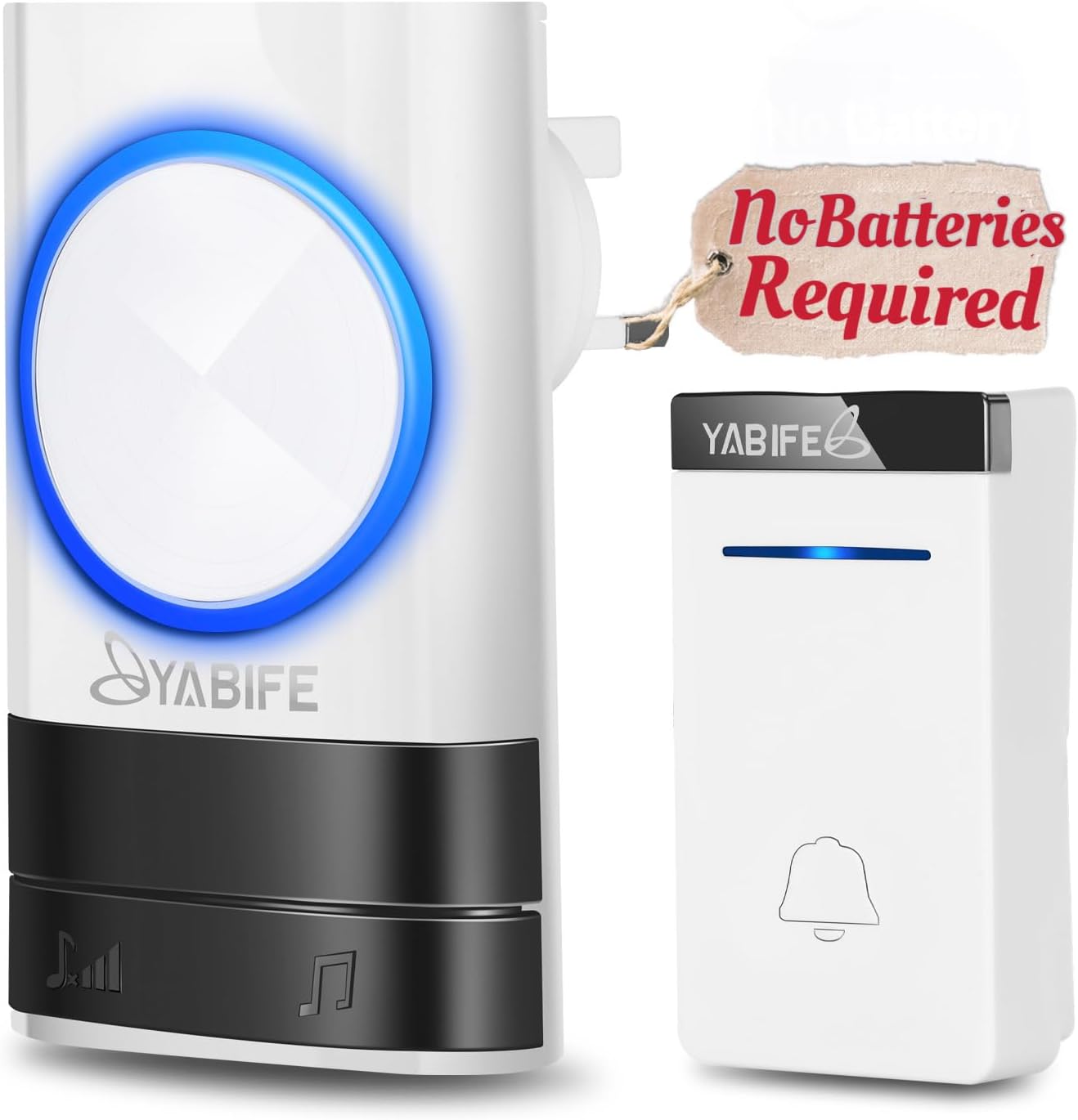 YABIFE Self-Powered Wireless Doorbell, Cordless Plug in Door Bells, IP44 Waterproof Door Chime Bell, 58 Ringtones, 0-110dB Loud 4 Levels Volume, 500-1003ft Range, No Battery Required White