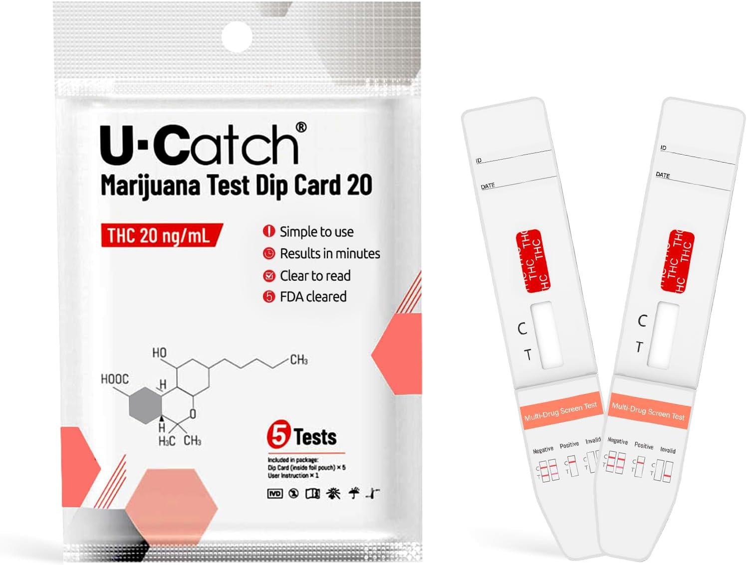 Drug Test Kit Marijuana at 20ng/mL: Low Detection Rapid DrugTest Card for Any Form of THC- Highly Sensitive for Home Use (5 Pack)