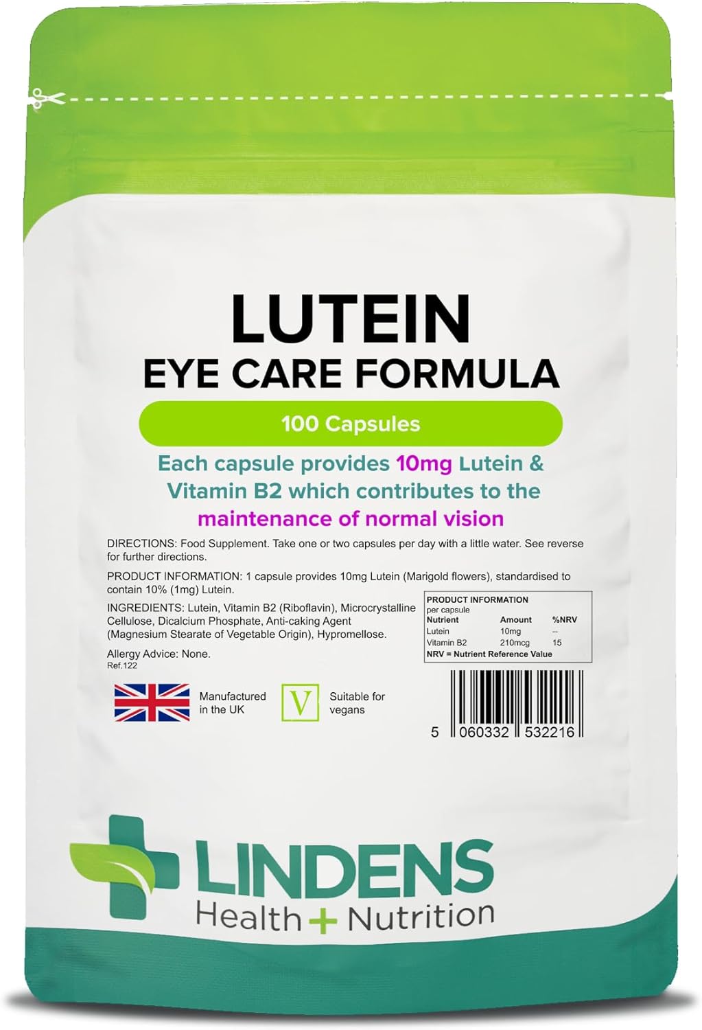 Lindens - Lutein 10mg, 100 Capsules - UK Made - Marigold Extract with Vitamin B2 - Vision & Eye Health, Standardised Potent Extract - Letterbox Friendly - Vegan