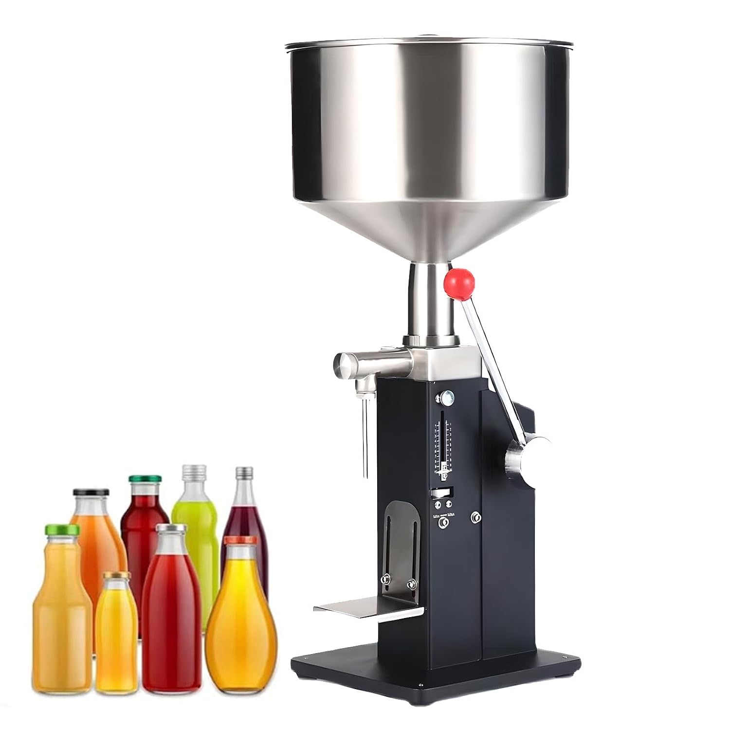 Manual Paste Liquid Filling Machine 10-100Ml, Adjustable Bottle Filling Machine Filler Stainless Steel Liquid Filler with Hopper for Milk Water Juice Shampoo Honey 5-50ML