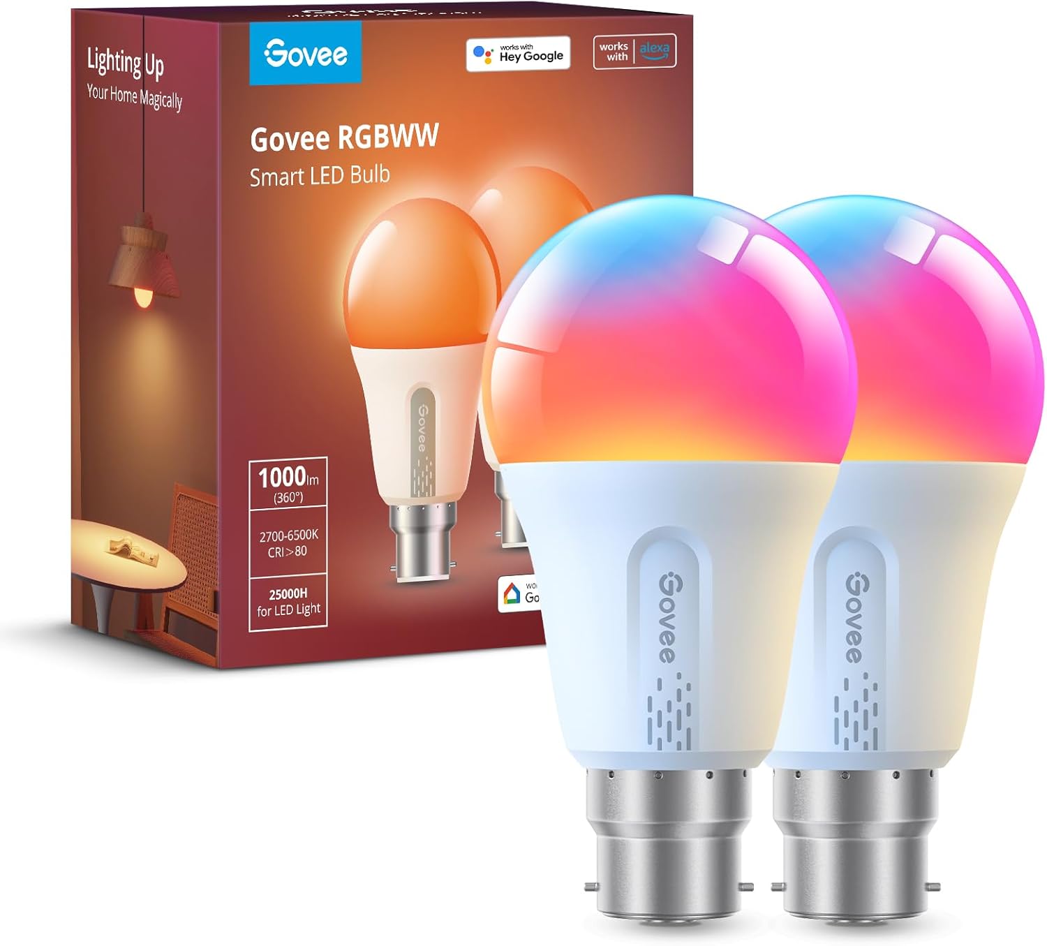 Govee Smart Bulb RGBWW, 1000lm Wi-Fi LED Bulbs B22, Smart Light Dimmable, DIY 16 Million Colors, 64 Dynamic Scenes, Works with Alexa & Google Assistant, 2 Packs, Halloween Decorations