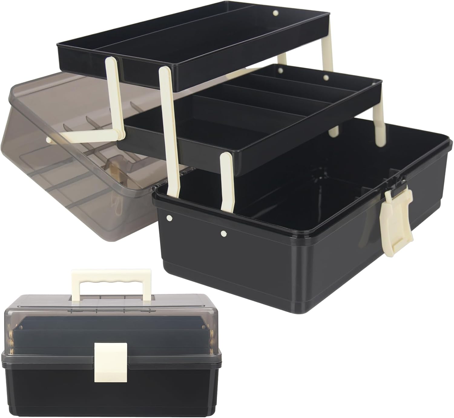 WEWLINE 13-Inch Art Storage Box 3-Layers Plastic Storage Box with Handle Craft Art Bin Portable for Home School Office Travel, Black