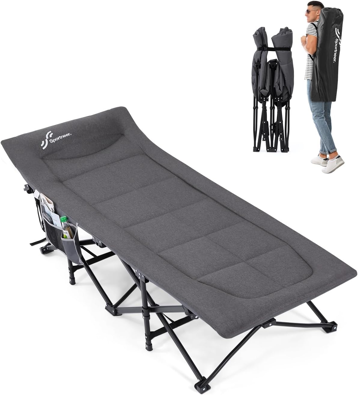 Sportneer Camping Cots for Adults, Sleeping Cot with Cushion Max Load 450 LBS Heavy Duty Folding Camping Sleeping Cot with Padded for Camping Tent Office Sleep Over (Grey, 73" Lx27 Wx14.5 H)