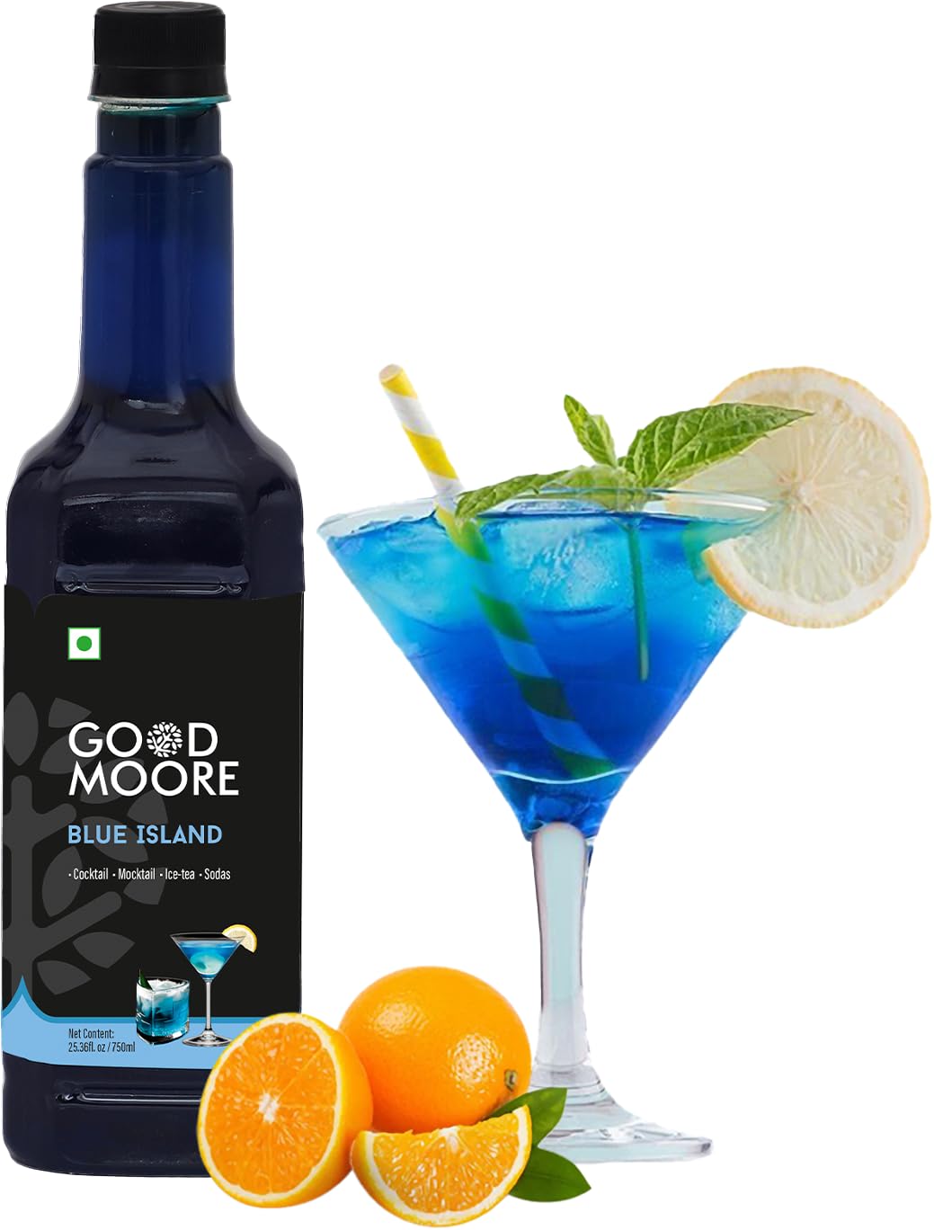 GOOD&MOORE Blue Island Syrup | For Cocktail, Mocktail, Sodas, Ice-teas and more | Concentrated Syrup | Blue Curacao Syrup | Ready to mix | Premium Syrup | 25.36 fl.oz/ 750ml | Perfect for gifting at Diwali, Thanksgiving and Christmas | Festive Gifts