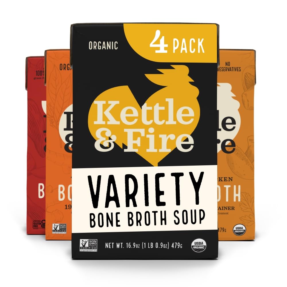 Kettle and Fire Chicken, Mushroom, Turmeric, Chipotle Sipping or Cooking Bone Broth Variety Pack, Keto, Paleo, and Whole 30 Approved, Gluten Free, High in Protein and Collagen, 4 Pack