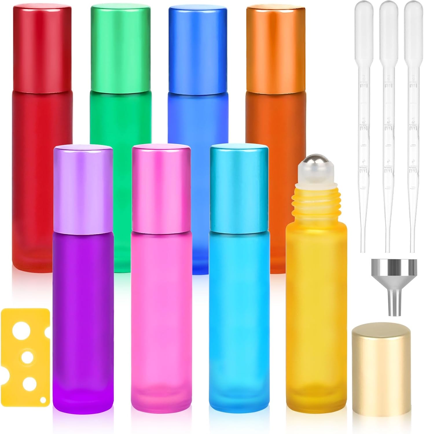 Maxmoc 8pcs Essential Oils Roller Bottles,10ml Glass Roll on Bottles with Stainless Steel Roller Balls, 8 colors Roller Ball Bottles with Bottle Opener, Dropper and Funnel for Fragrance, Aromatherapy