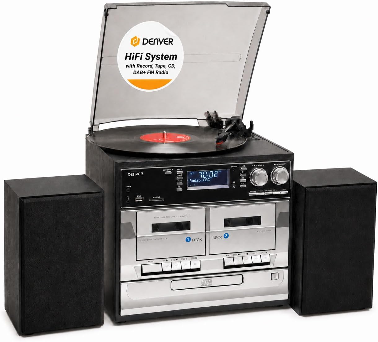 Denver HiFi System, All-in-One Stereo Music Centre with Record Player Turntable, CD & Cassette Player, DAB/DAB+ Radio, USB Recording, SD Card Reader & Speakers, MRD-166