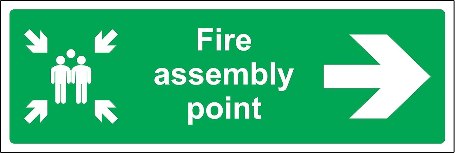Fire assembly point directional right arrow Safety sign - 1.2mm Rigid plastic 300mm x 100mm