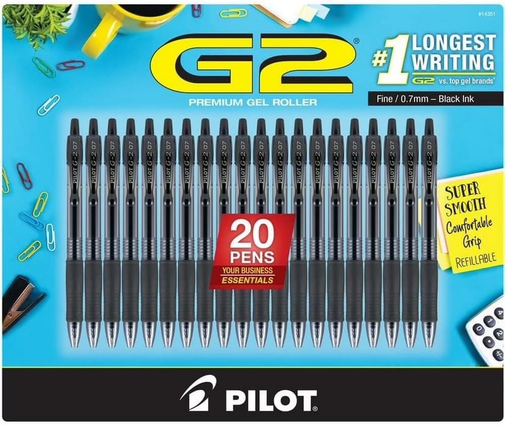Pilot G2 Premium Gel Roller Pens 0.7, Fine Point Smooth Writing Pens Black, Pack of 20