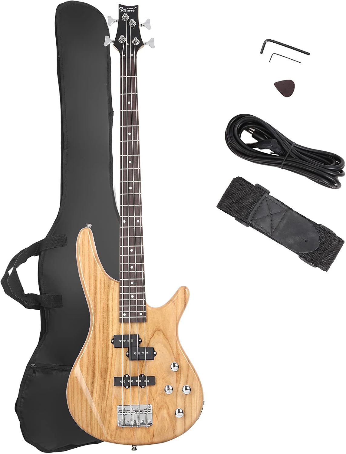 GLARRY Electric Bass Guitar Full Size 4 String Exquisite Stylish Bass with Power Line, Bag and Wrench Tool (Natural Wood)