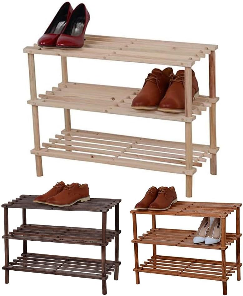 Wooden Shoe Rack - Footwear Storage Organiser Unit Shelf Dvd Books Tier Slated | Storage Stackable Organiser Multi-use - Quick Easy To Assemble, Space Efficient, Hallway Front Door (Natural, 3 Tier)