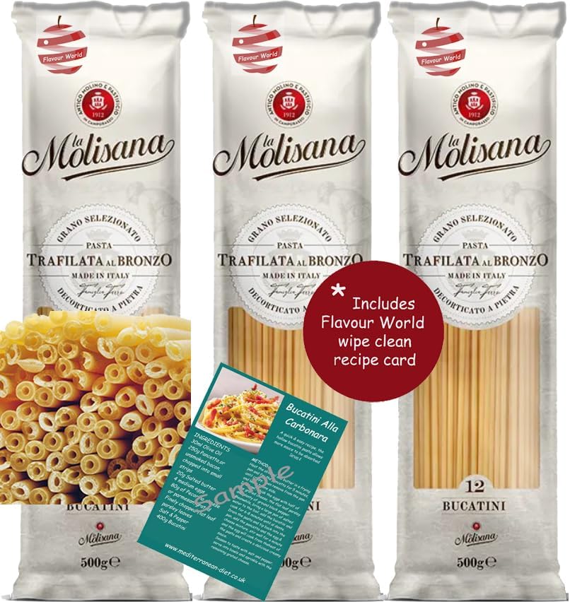 La Molisana Bucatini No. 12 Italian Dried Pasta 1.5kg (3 x 500g Packs) with Wipe Clean Recipe Card