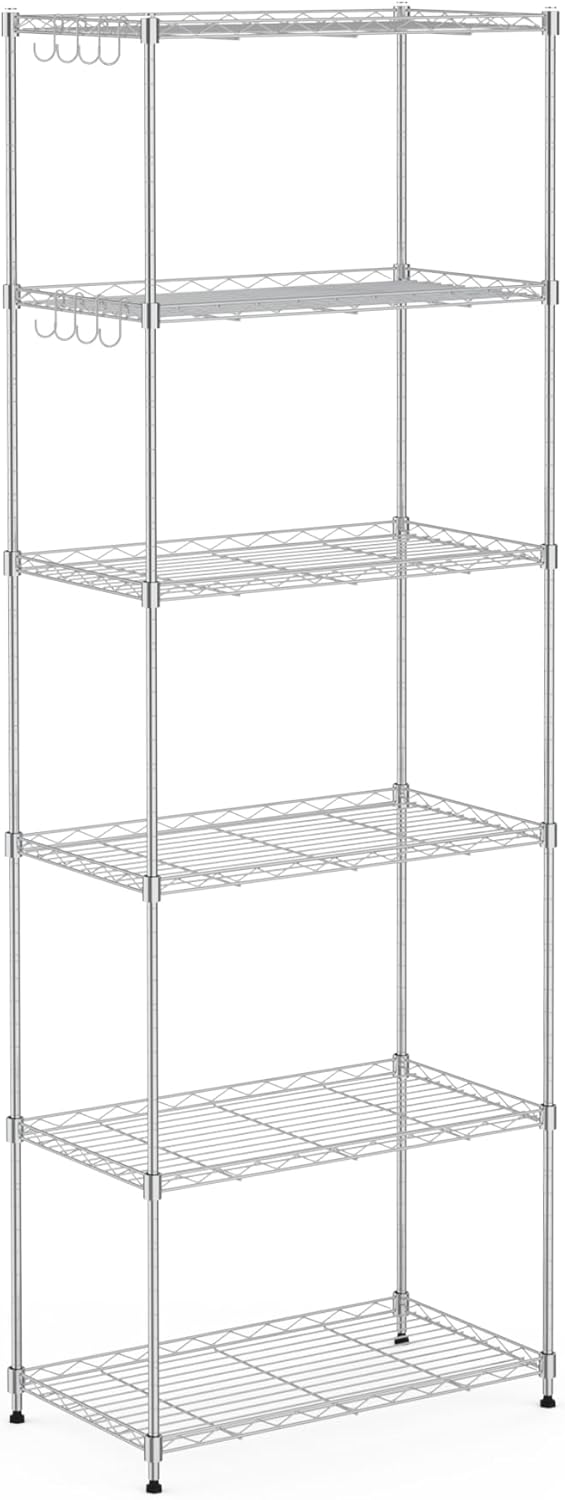 Mondeer Metal Shelving Units, 6 Tiers Kitchen Storage Shelf with 8 Hooks, Height Adjustable, for Bathroom Living Room Balcony, Silver