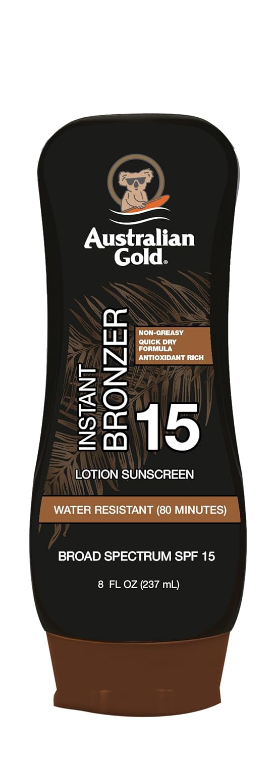 Australian Gold Sunscreen Lotion with Instant Bronzer SPF 15, 8 Ounce | Broad Spectrum | Water Resistant | Non-Greasy | Oxybenzone Free | Cruelty Free