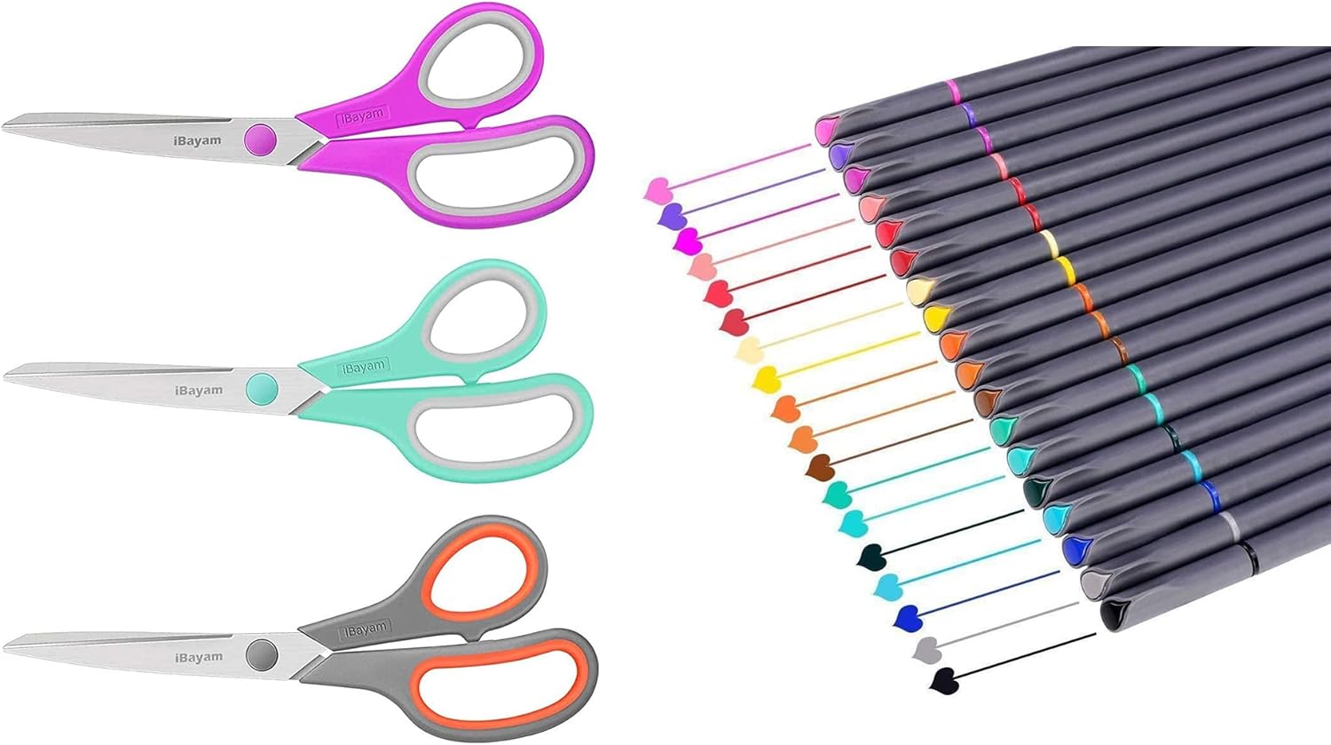 iBayam 18-Colors Fine Tip Pens with 3-Pack Mutipurpose scissors