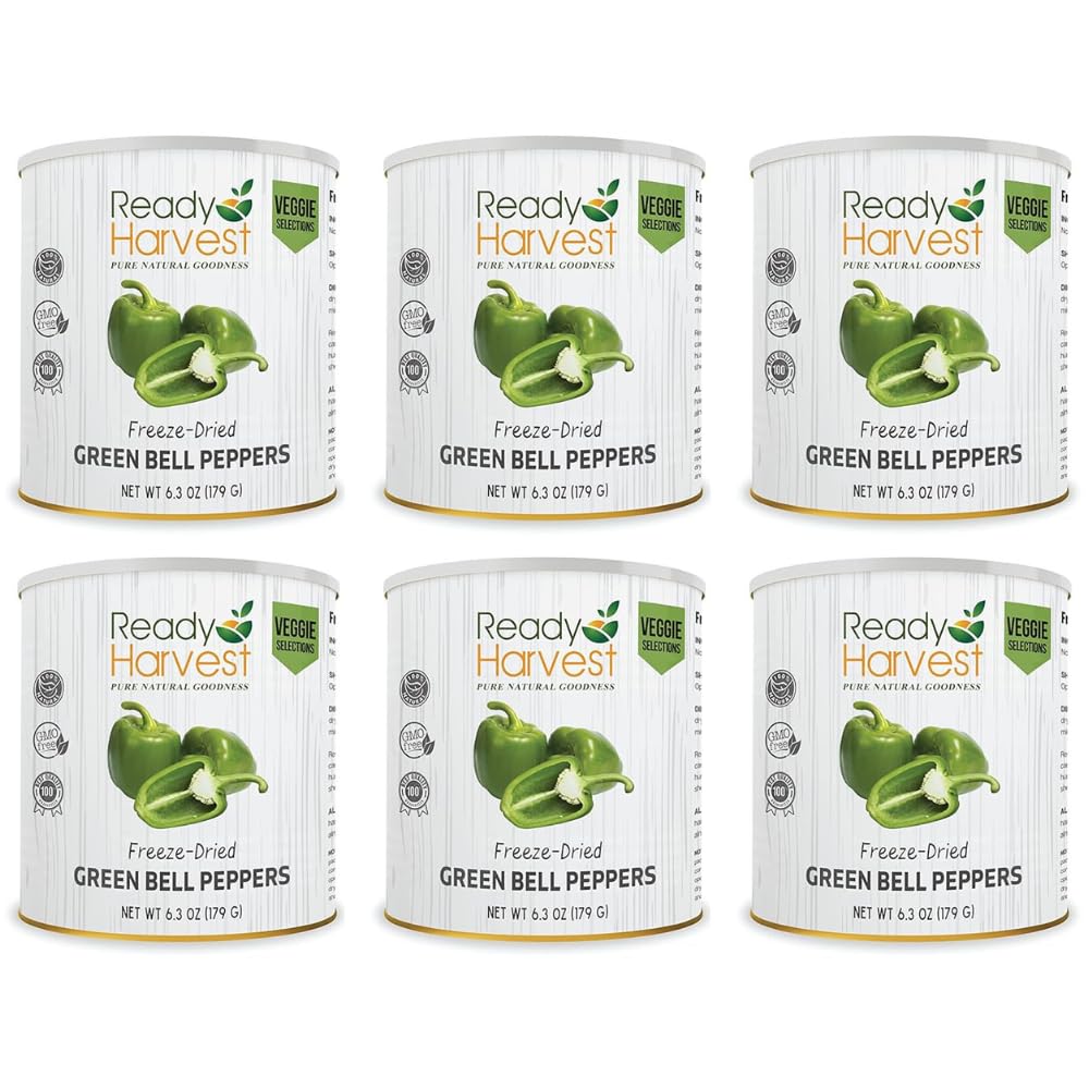 Ready Harvest Green Bell Pepper Freeze-Dried Food Freeze Dried Vegetables Pantry Staples Survival Emergency Supply Canned Vegetables Survival 25-Year Shelf Life #10 Can 6.3oz 6 Cans