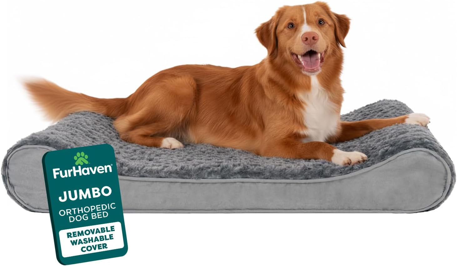 Furhaven Orthopedic Dog Bed for Large Dogs w/Removable Washable Cover, For Dogs Up to 75 lbs - Ultra Plush Faux Fur & Suede Luxe Lounger Contour Mattress - Gray, Jumbo/XL