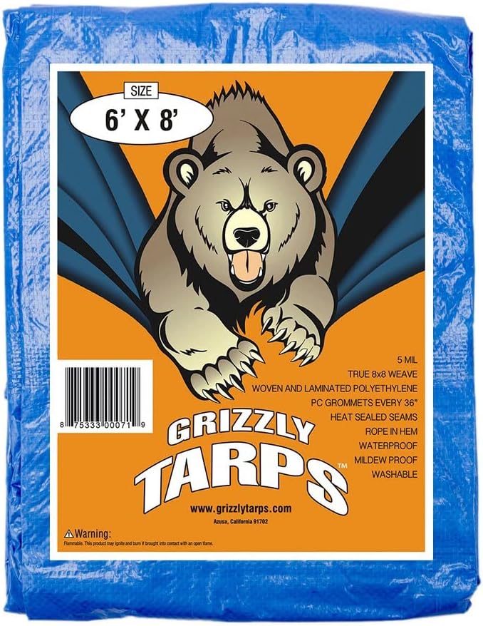 Grizzly Tarps by B-Air 6' x 8' Large Multi-Purpose Waterproof Heavy Duty Poly Tarp with Grommets Every 36", 8x8 Weave, 5 Mil Thick, For Home, Boats, Cars, Camping, Protective Cover, Blue