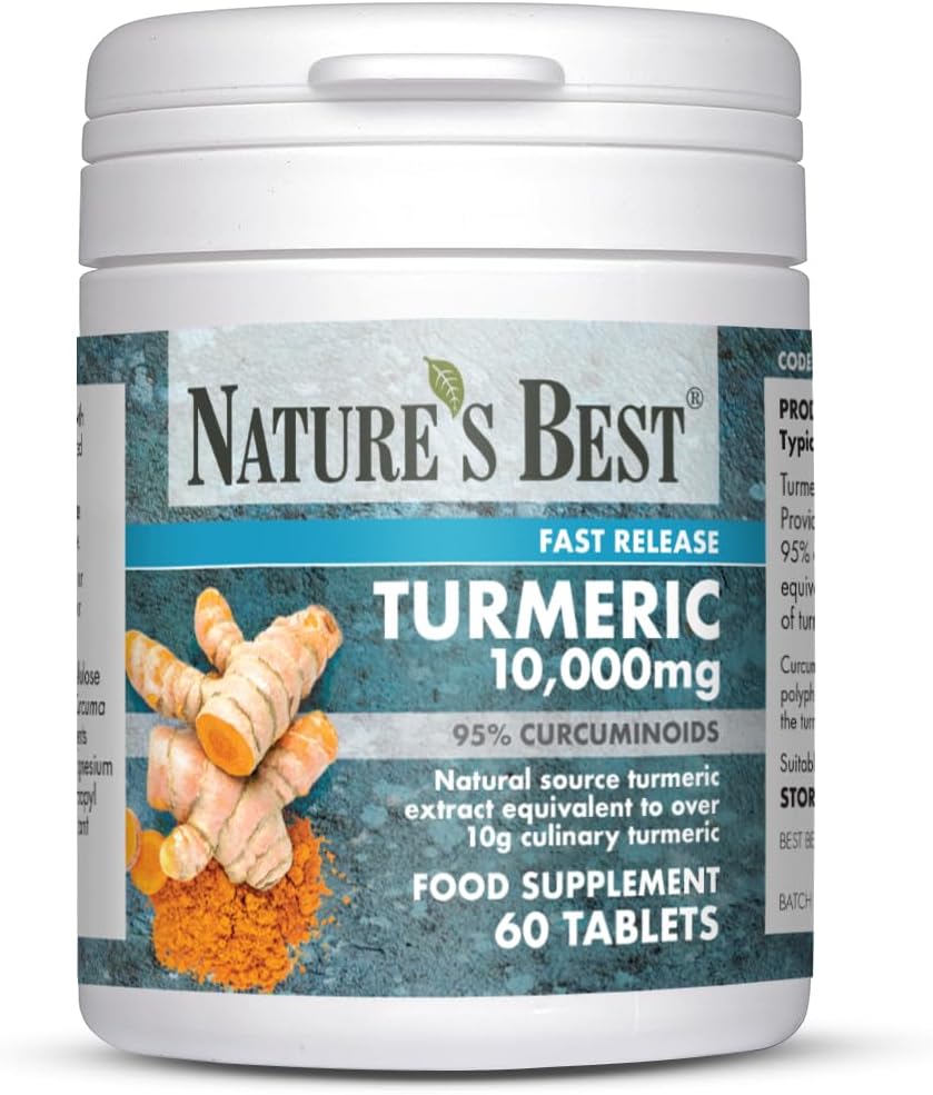 Nature's Best Turmeric 10,000mg Tablets Fast Release - High Strength, 95% Curcuminoids - Taste-Free - UK Made - 60 Tablets (2 Months' Supply)