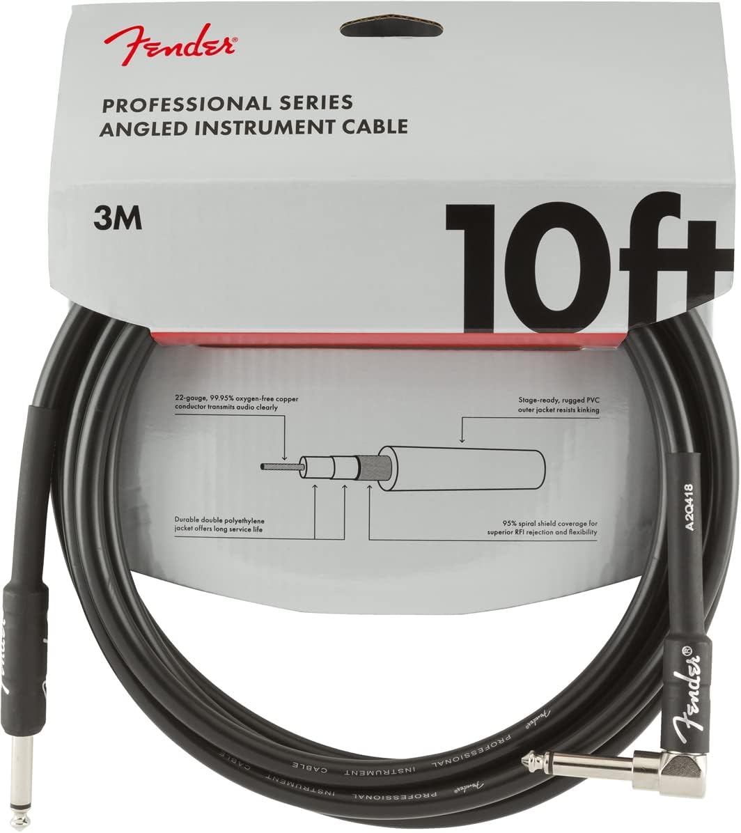 Fender Professional Series Instrument Cable, 10 Foot Angled, Superior Tone Clarity, Durable 8mm PVC Jacket, Nickel-Plated Connectors, Black, Lifetime Guarantee